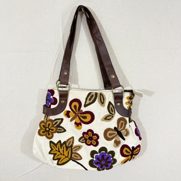 Magnolia Handbags - Magnolia Canvas Shoulder Bag‎ Embroidered Floral Butterfly Boho Cream Brown